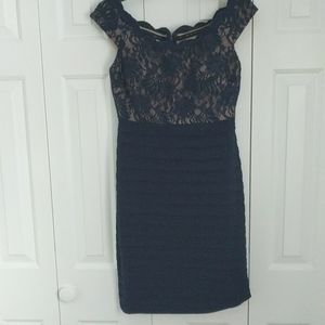 XSCAPE off the shoulder lace top dress